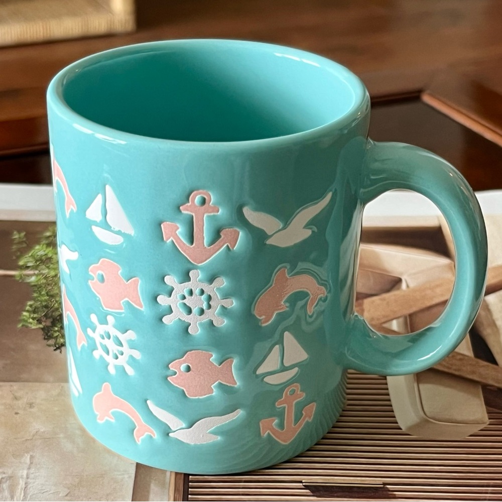 Waechtersbach Mug Beach Anchor Dolphin Sailboat Seagull Coffee Cup Aqua Pink 80s